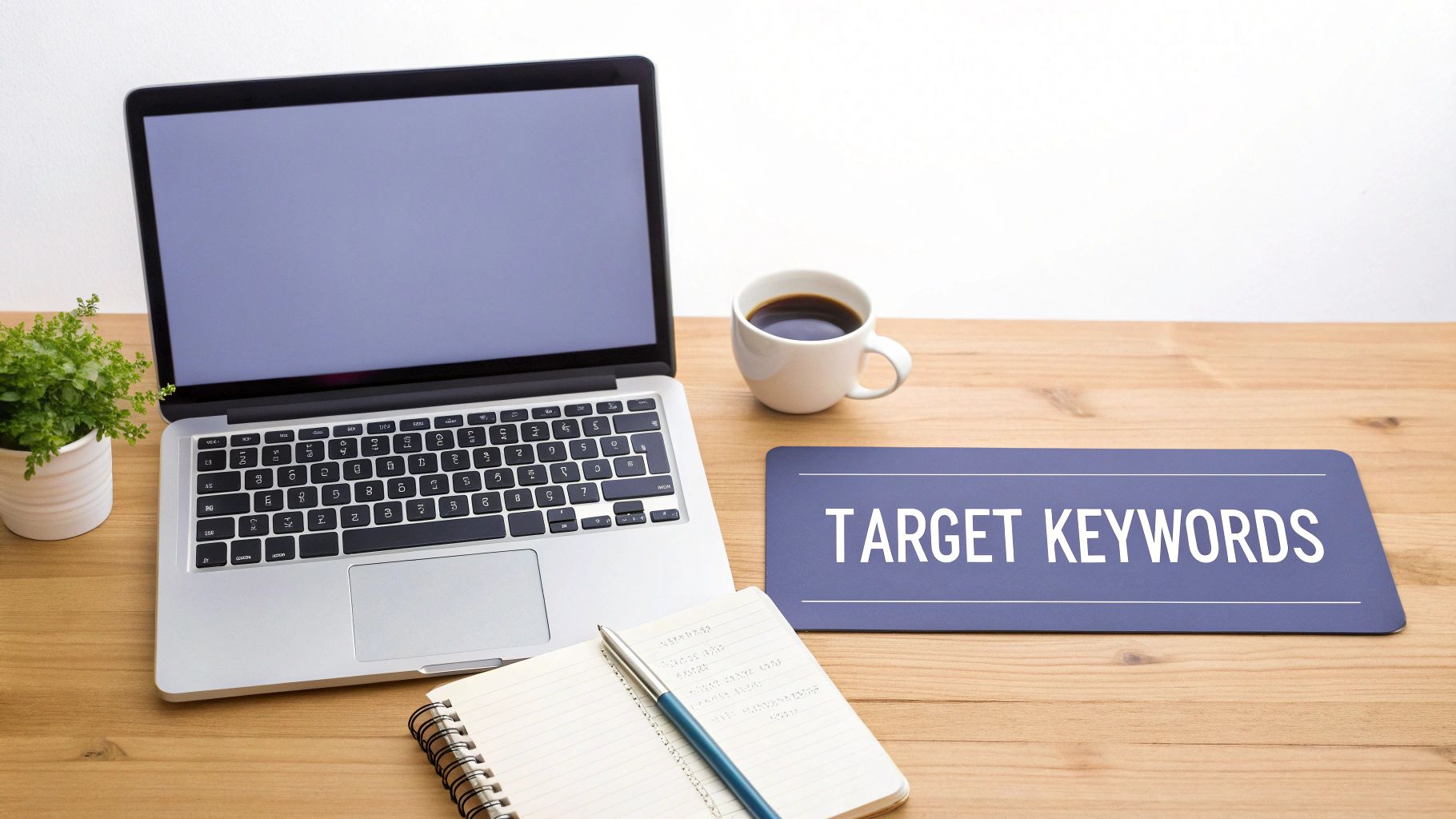 SEO content planning workspace with laptop, coffee, notebook, and a 'TARGET KEYWORDS' sign on a wooden desk.