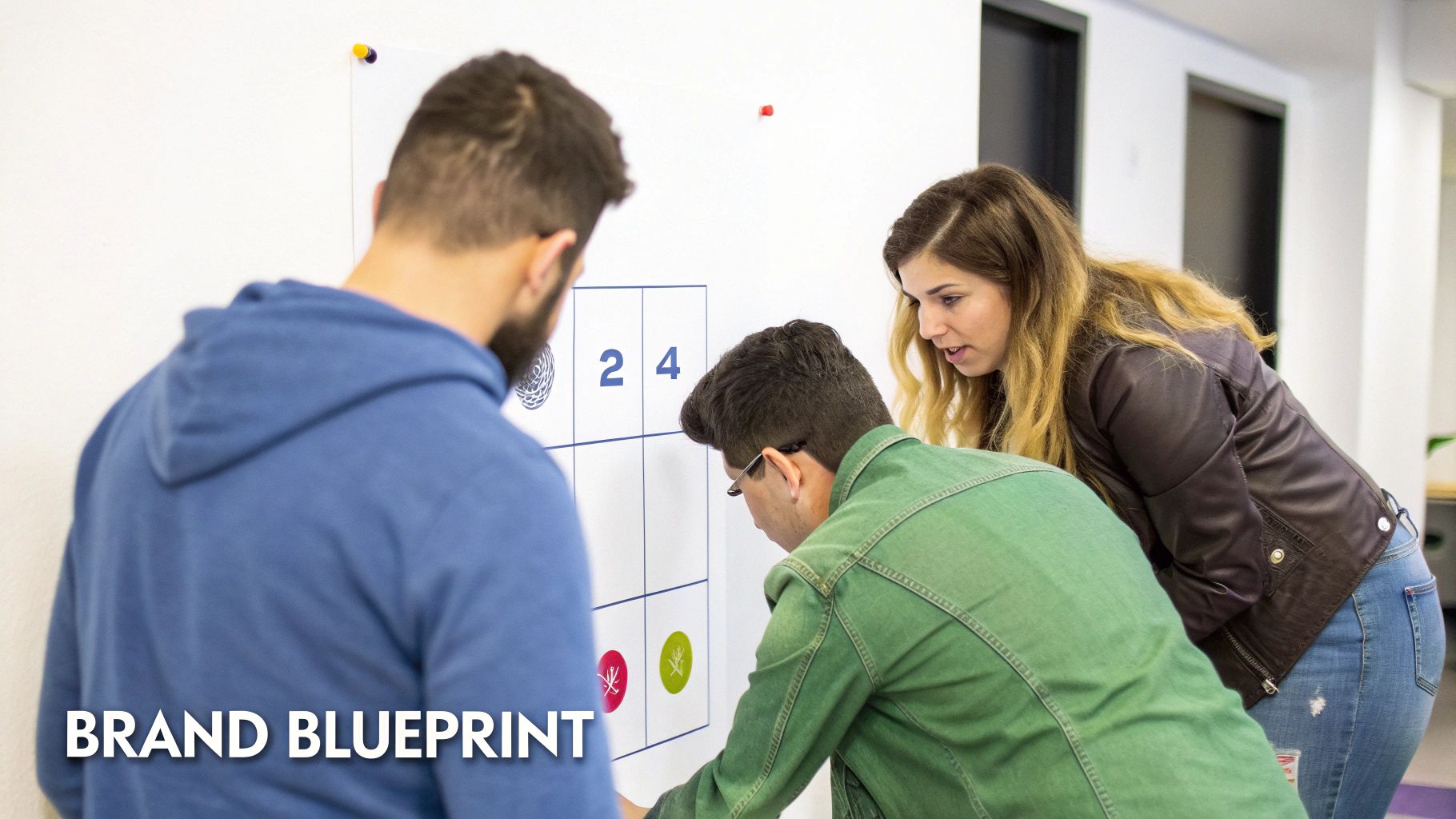 Three diverse people collaborate, brainstorming ideas on a whiteboard with a grid and numbers for a brand strategy.