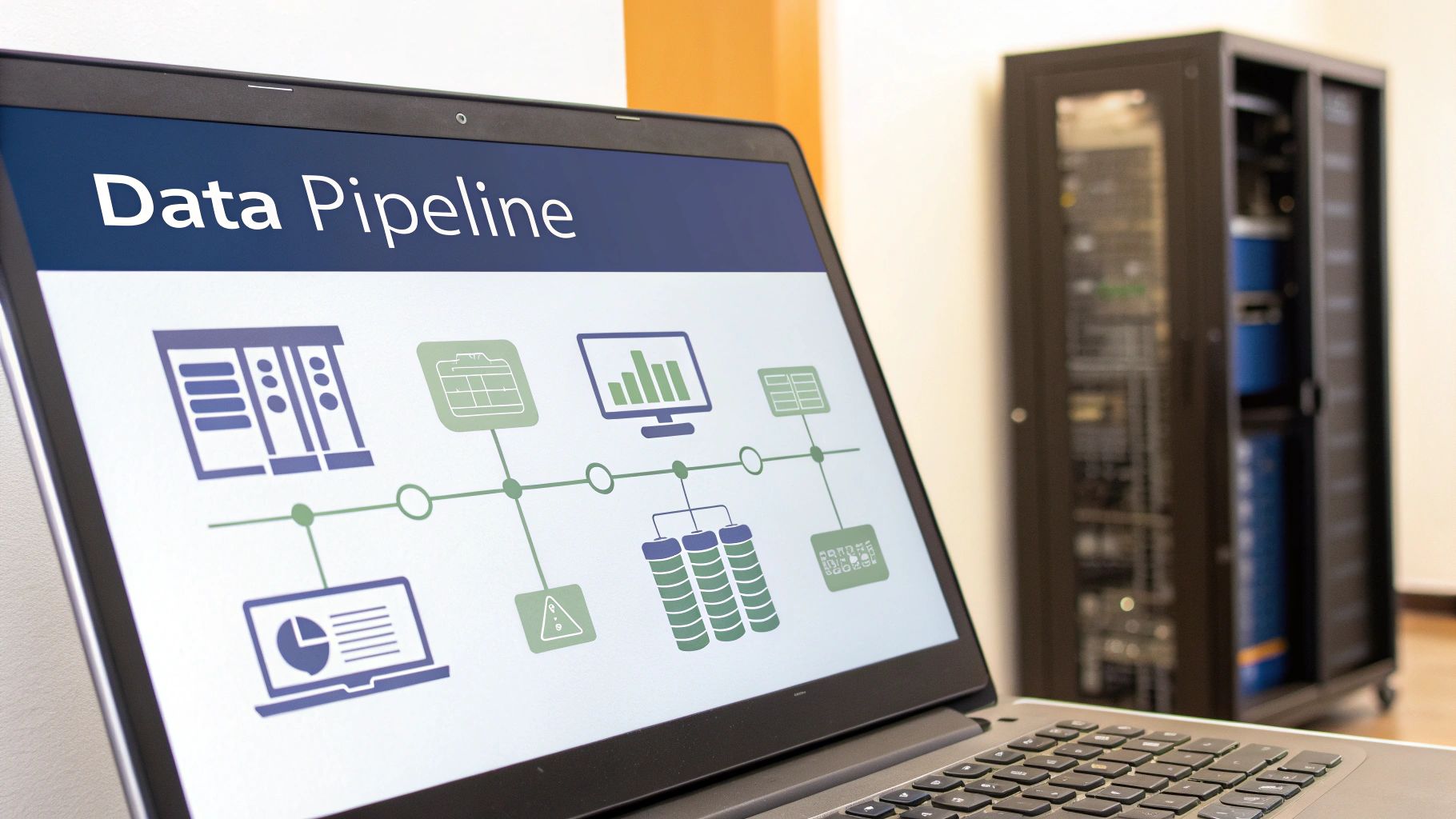 A laptop screen displays a 'Data Pipeline' diagram with various data processing icons.