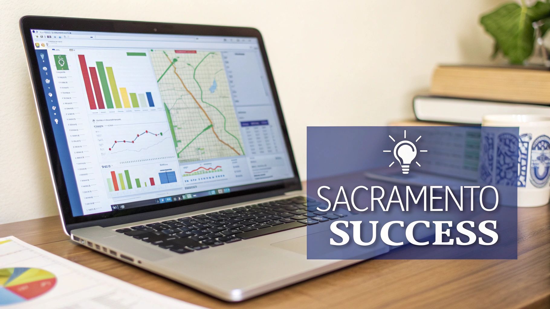 A laptop on a wooden desk displaying business charts and a map, with 'SACRAMENTO SUCCESS' text.