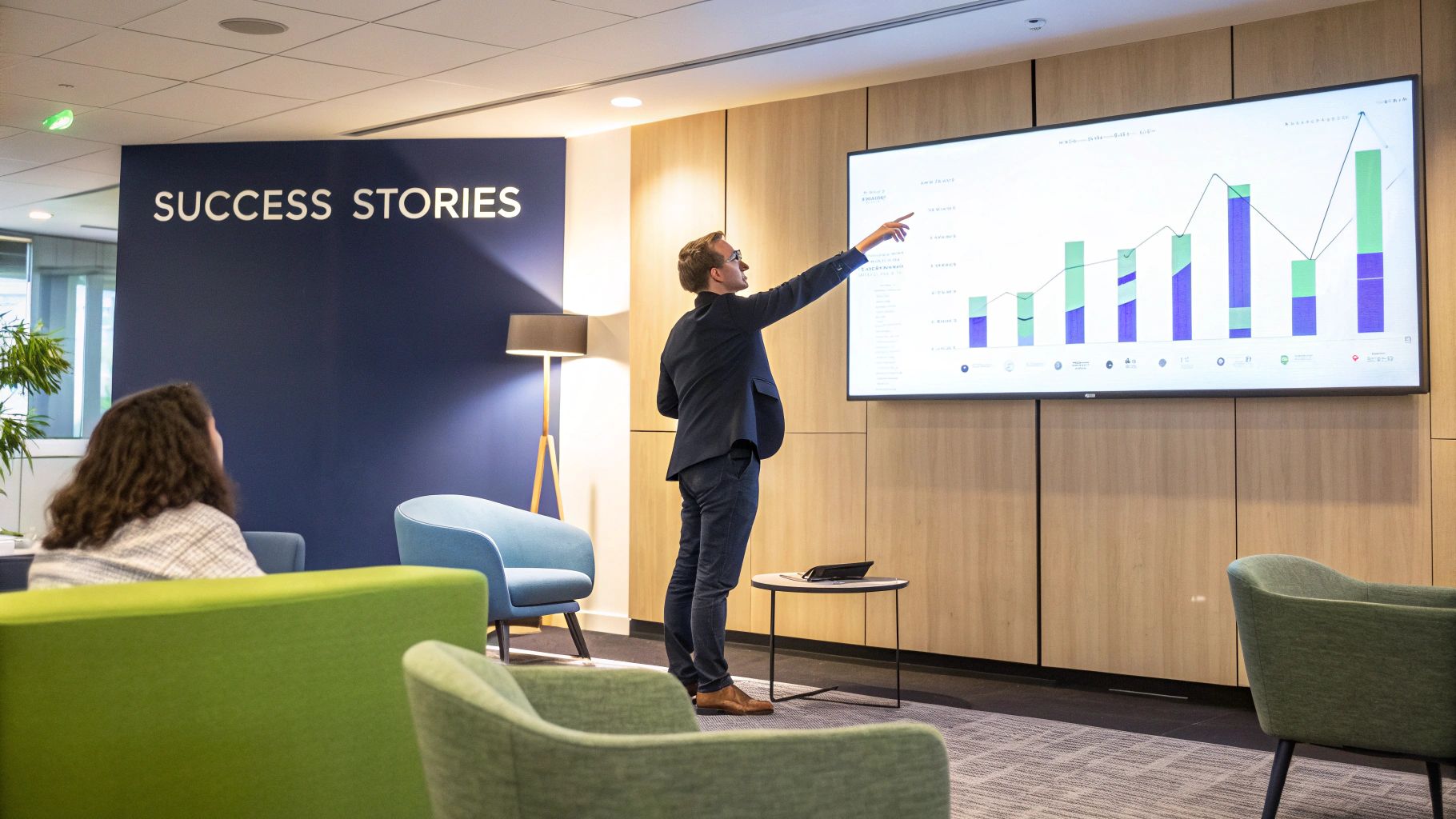 A team collaborating around a computer screen with data visualizations, planning their AI implementation strategy.