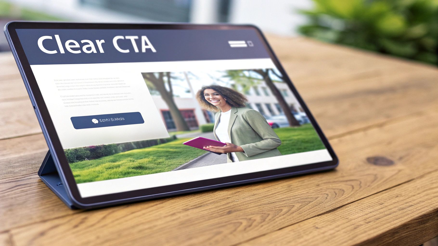A tablet displays a webpage titled "Clear CTA" with a smiling woman and a "Email Us" button on a wooden table.