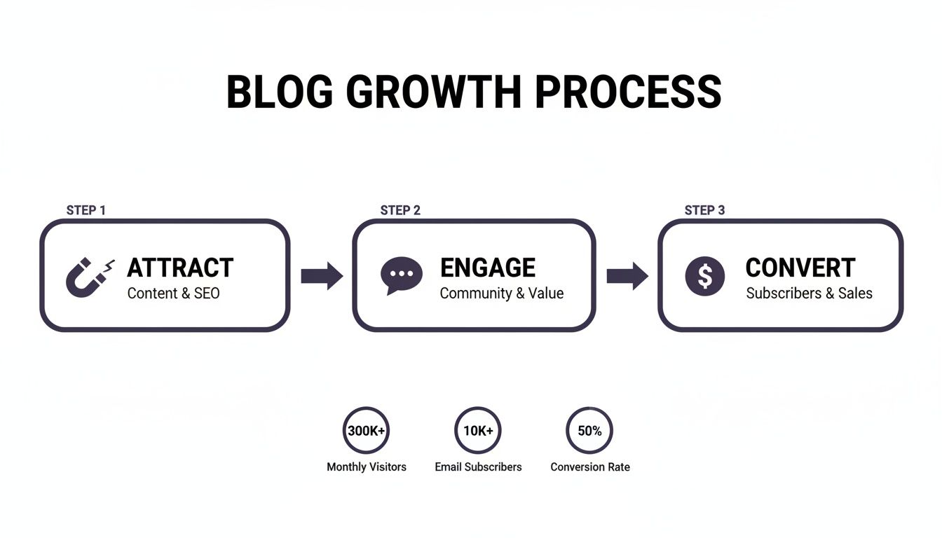 A diagram illustrating the blog growth process: Attract, Engage, Convert, with key metrics.