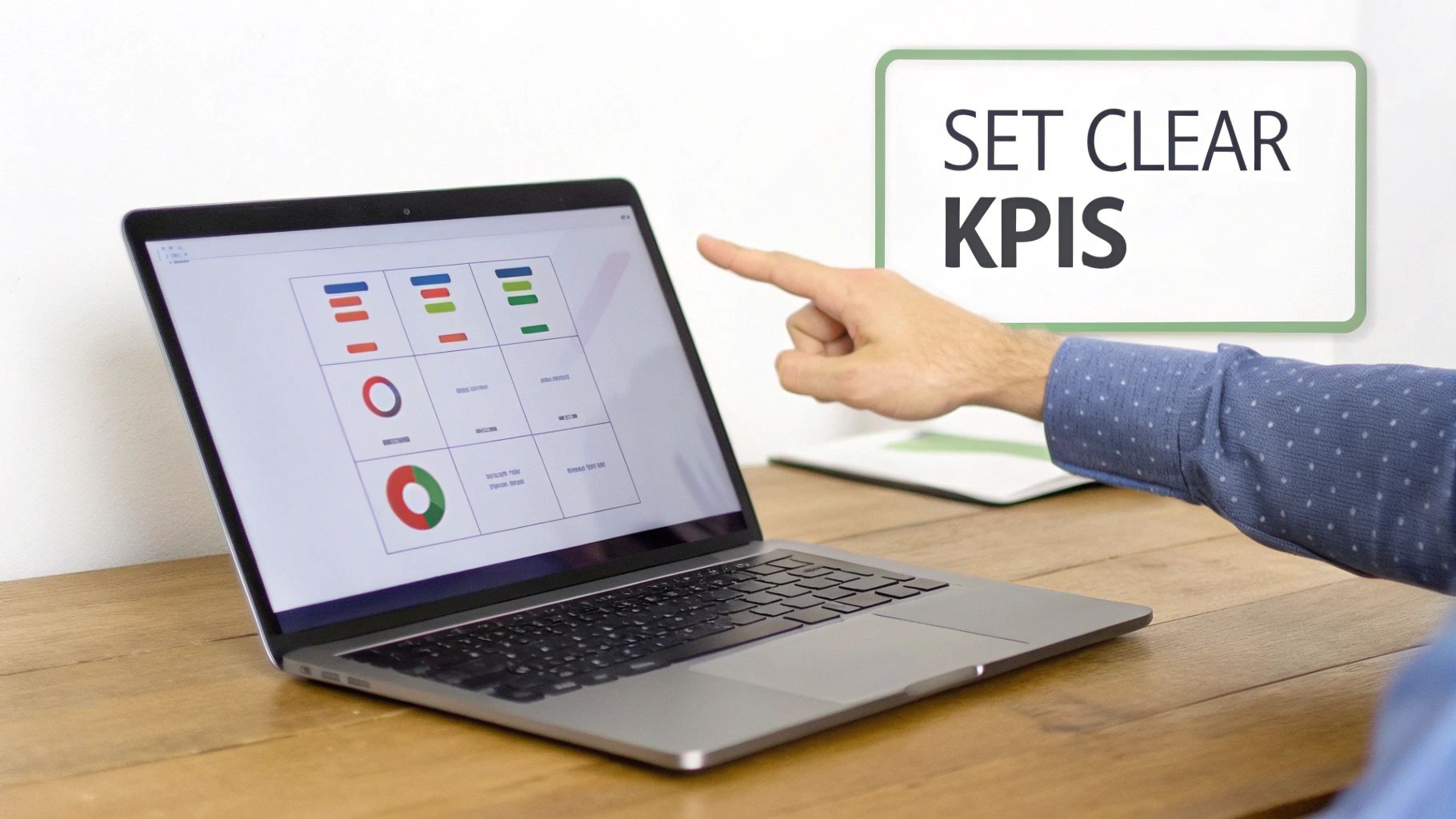 A person at a desk pointing to a chart on a laptop screen, symbolizing goal setting and data analysis.