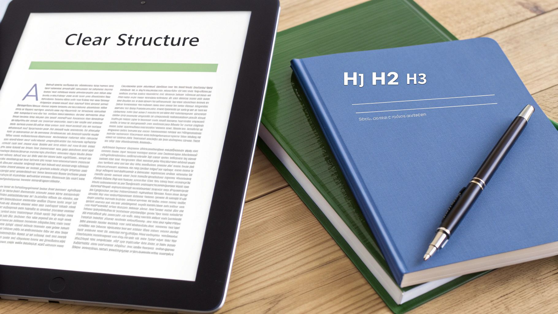 A tablet displaying 'Clear Structure' next to notebooks and a pen on a wooden desk.