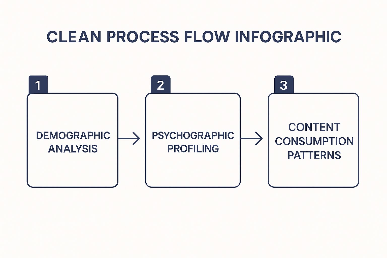 Infographic showing a three-step process for audience profiling: Demographic Analysis, Psychographic Profiling, and Content Consumption Patterns.