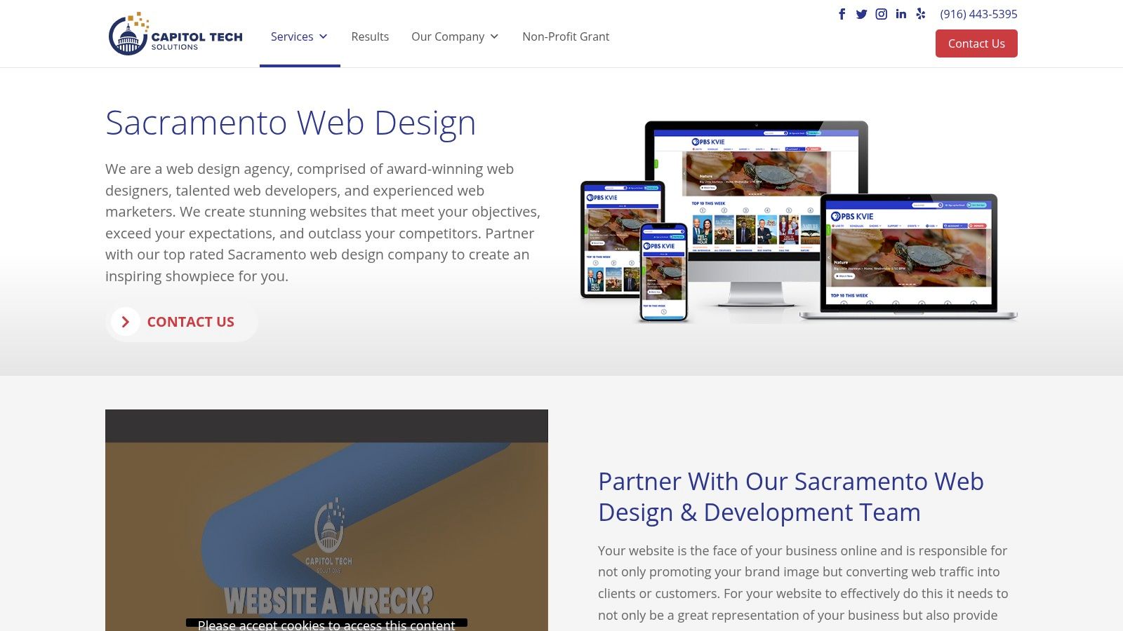 A screenshot from the Capitol Tech Solutions website showcasing their expertise in responsive design across different devices like desktops, tablets, and smartphones.