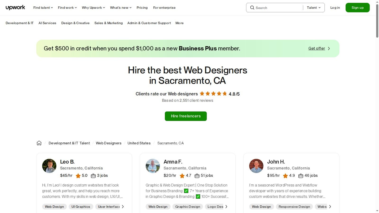 A screenshot of the Upwork website, displaying profiles of web designers available for hire in the Sacramento, CA area, complete with their hourly rates and job success scores.