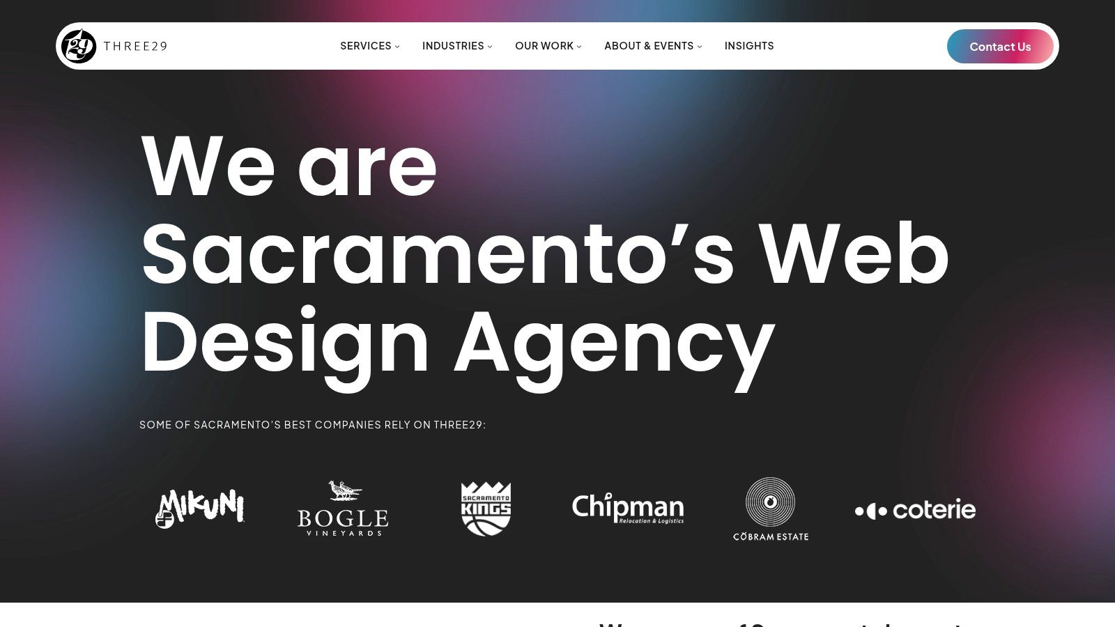 A screenshot of the Three29 website, showcasing their portfolio and highlighting their focus on Sacramento-based clients.