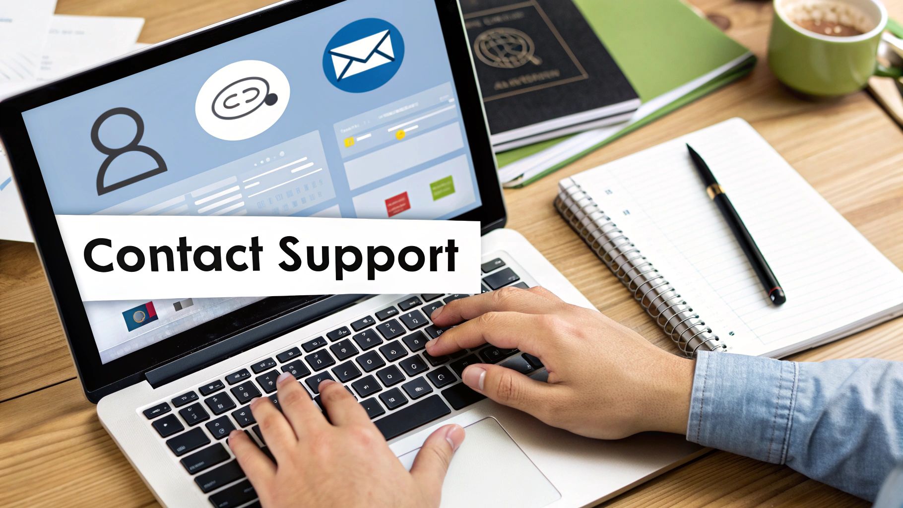 A person types on a laptop displaying 'Contact Support' text and contact icons, with office items on a wooden desk.