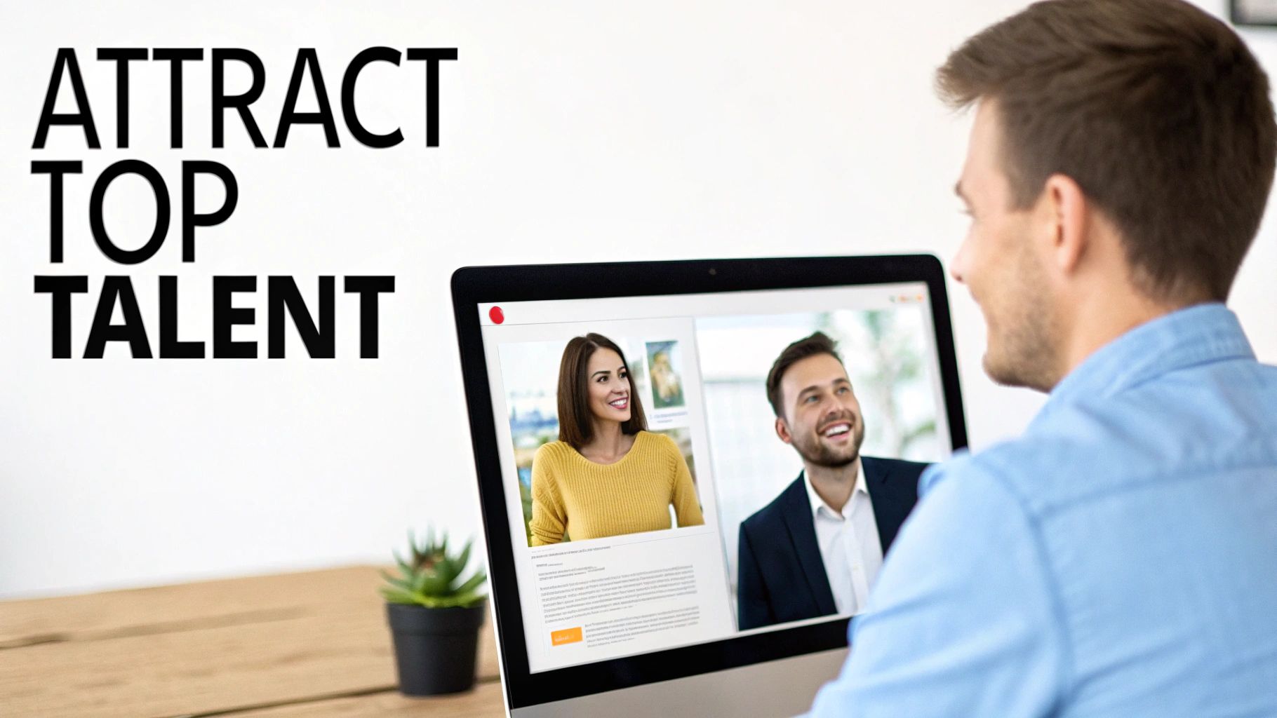 A man is smiling while on a video call on a laptop, with 'ATTRACT TOP TALENT' text displayed.