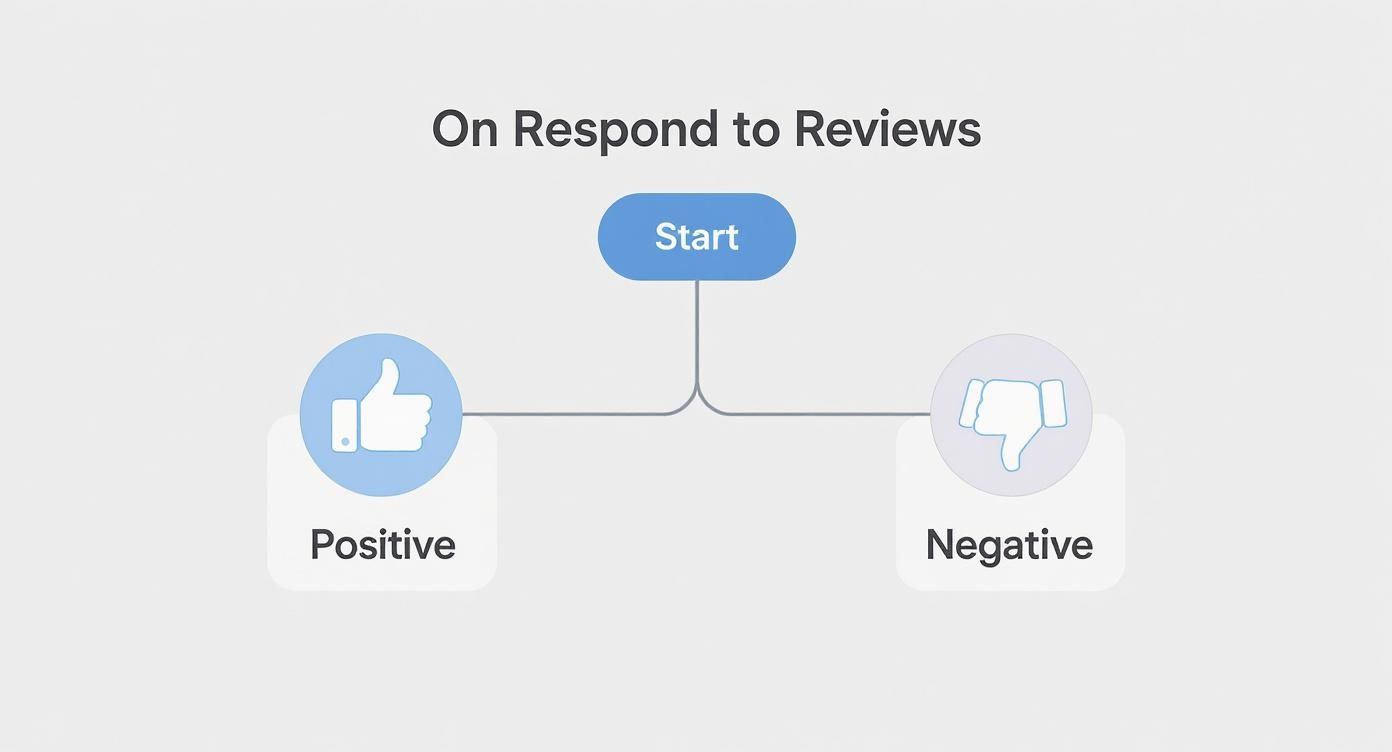 Flowchart showing review response process starting with positive and negative feedback branches for reputation management