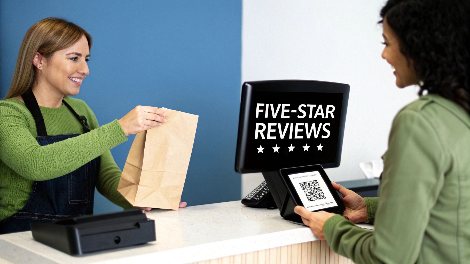 Employee giving paper bag to customer scanning QR code for five-star review at checkout counter