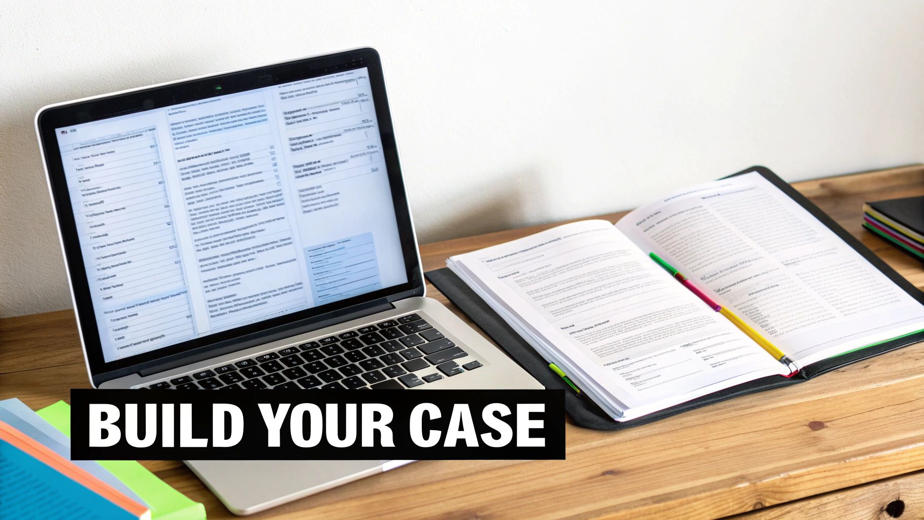 A laptop and an open book on a wooden desk, with text 'BUILD YOUR CASE', representing legal research.