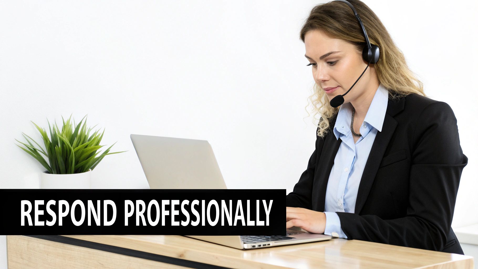 A professional woman wearing a headset works on a laptop, representing customer service support.
