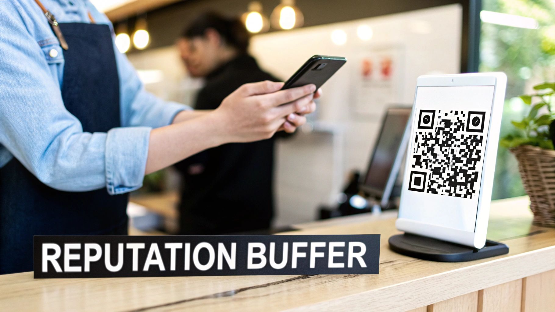 A person using a tablet to monitor their business's online reputation, with positive review icons floating around.