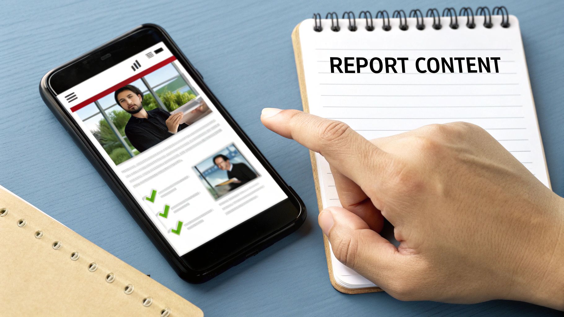 A hand points to a notebook with "REPORT CONTENT" text, next to a smartphone displaying an online article.
