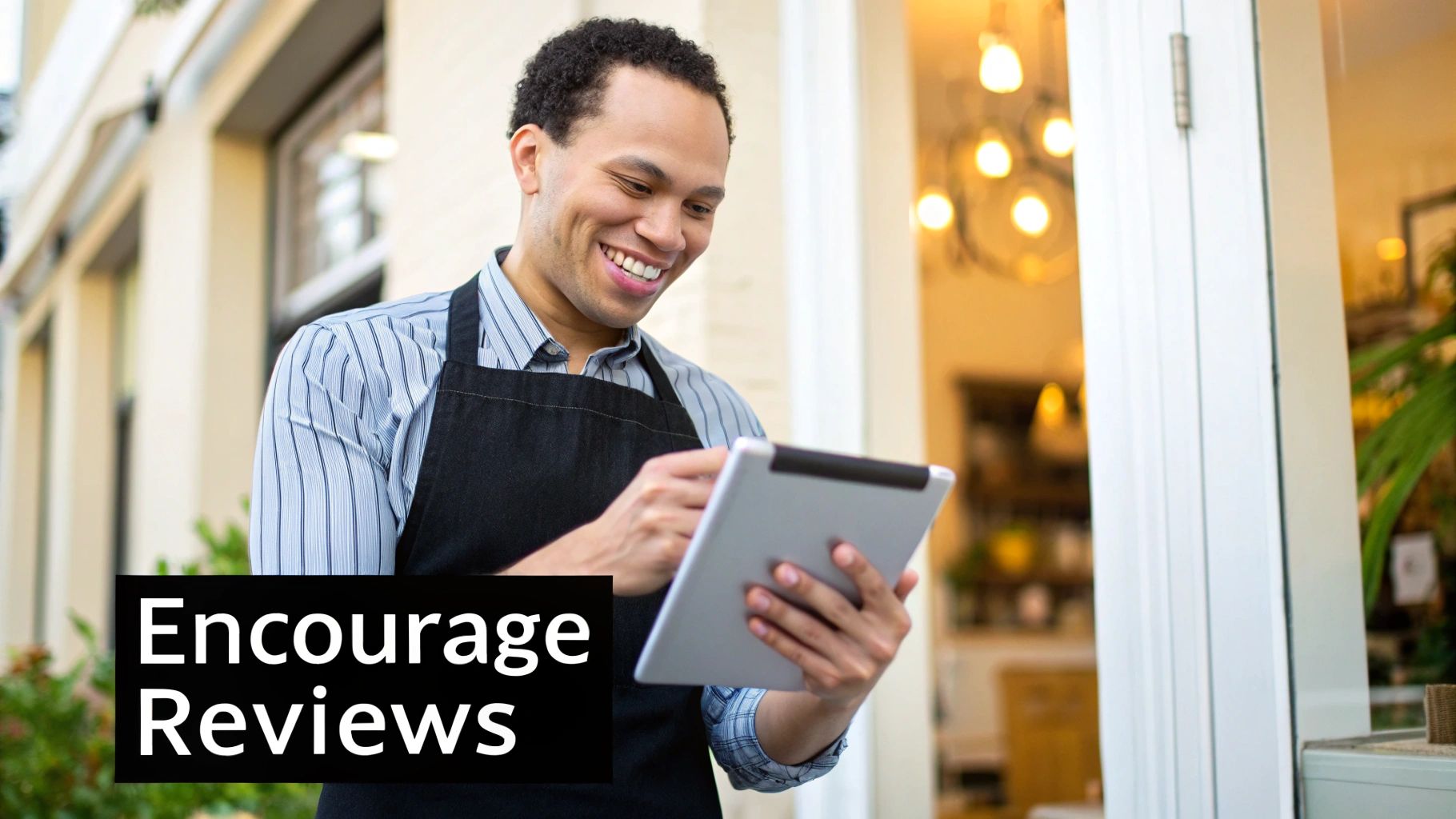 A person smiles while typing on a laptop, surrounded by positive social media icons and charts, representing proactive reputation management.