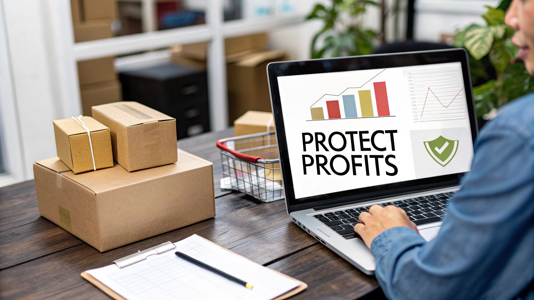 A person works on a laptop showing 'PROTECT PROFITS' while surrounded by shipping boxes, symbolizing e-commerce business security.