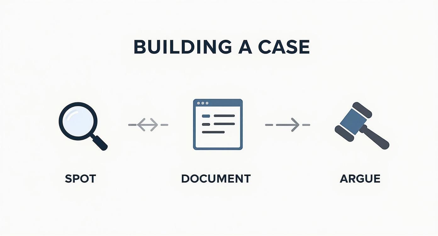 A diagram illustrating the three steps of building a case: spot, document, and argue.