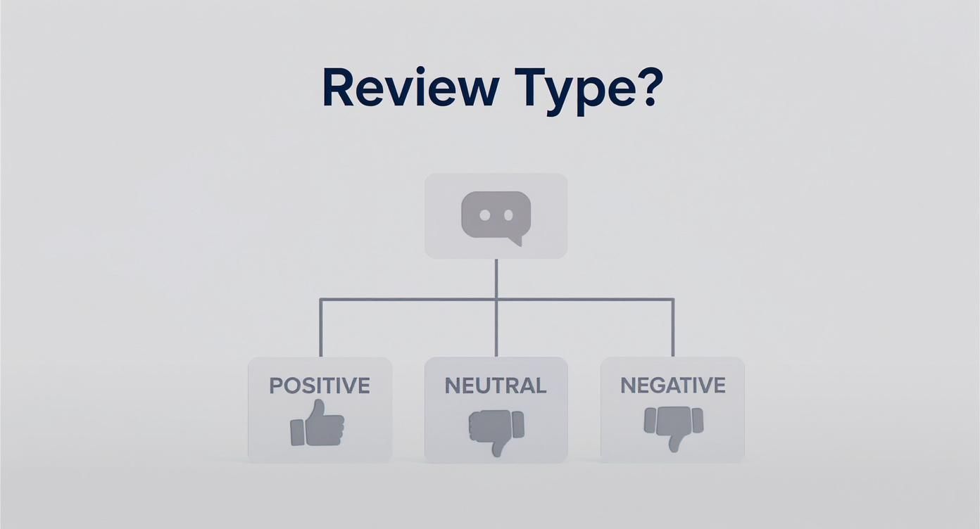 Infographic decision tree for responding to different types of online patient reviews.
