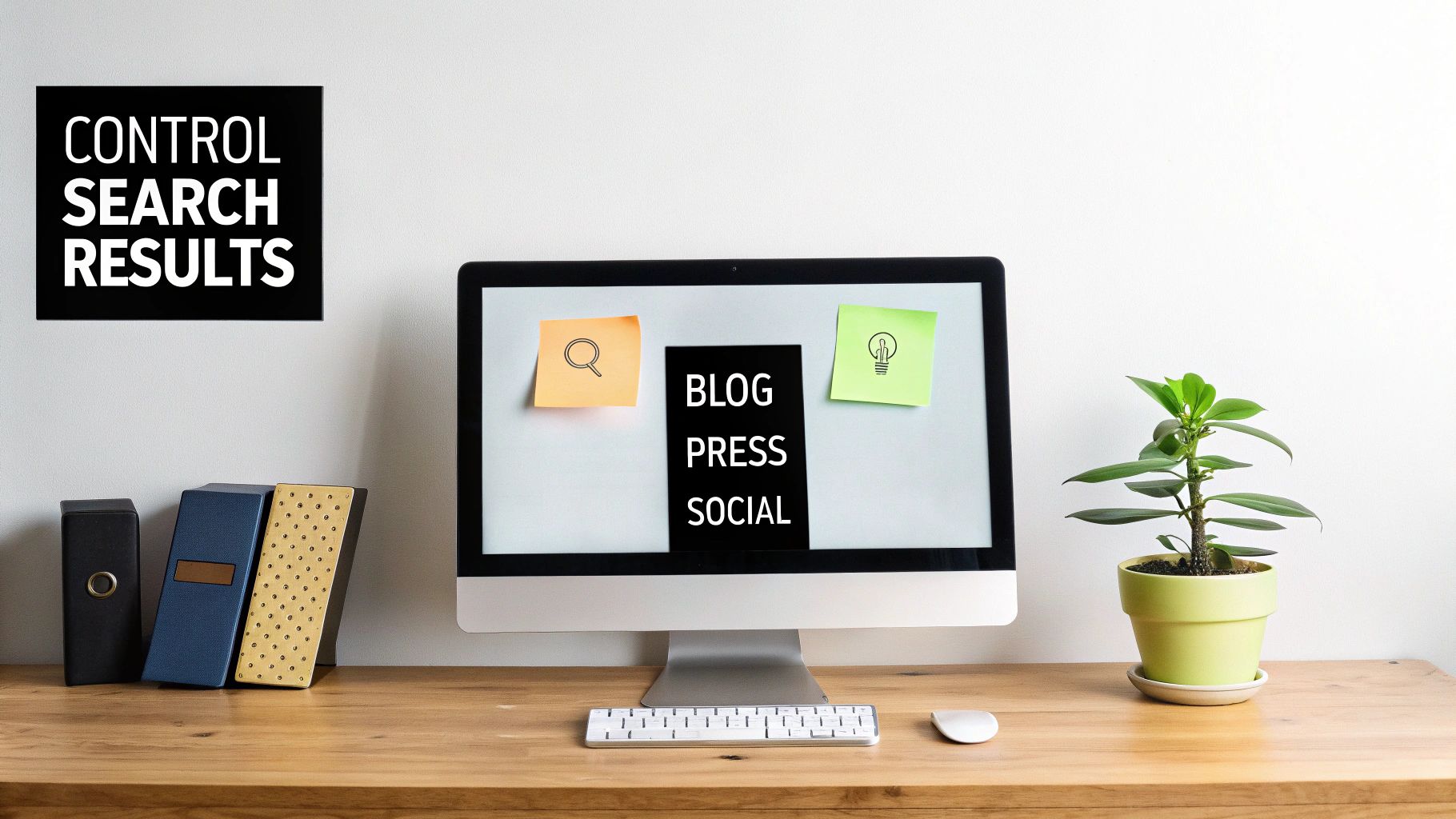 A desk setup with a monitor displaying 'BLOG PRESS SOCIAL' and a sign saying 'CONTROL SEARCH RESULTS'.