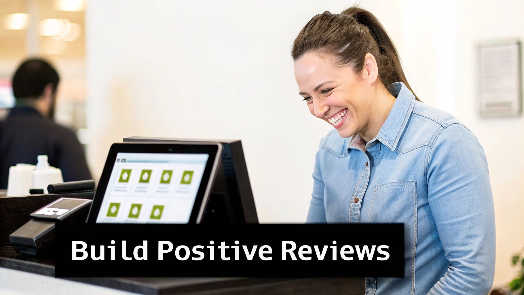 A happy woman cashier smiles while looking at a tablet POS system, promoting positive reviews.