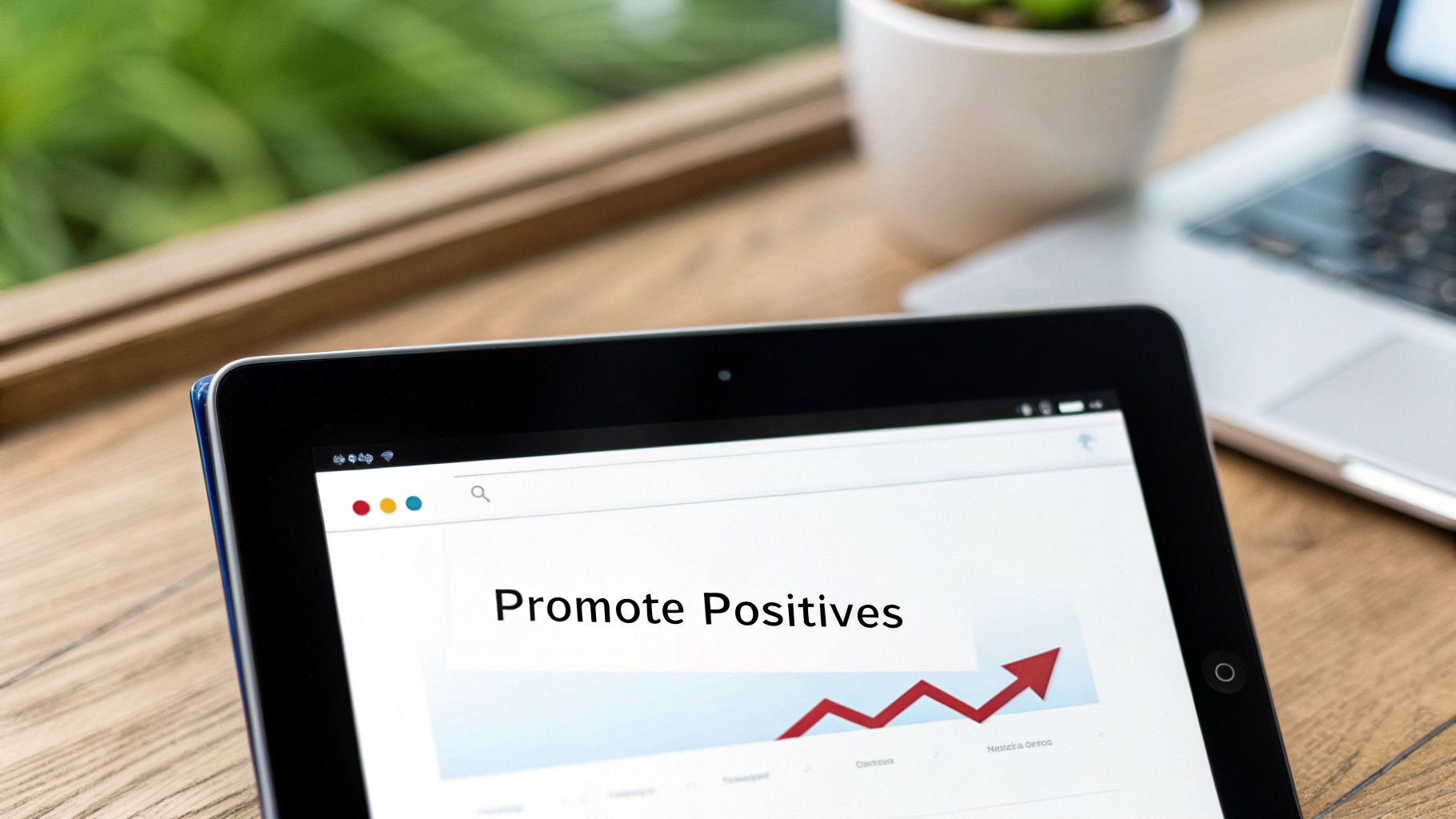 A tablet displaying 'Promote Positives' with an upward-trending red graph, on a wooden desk.