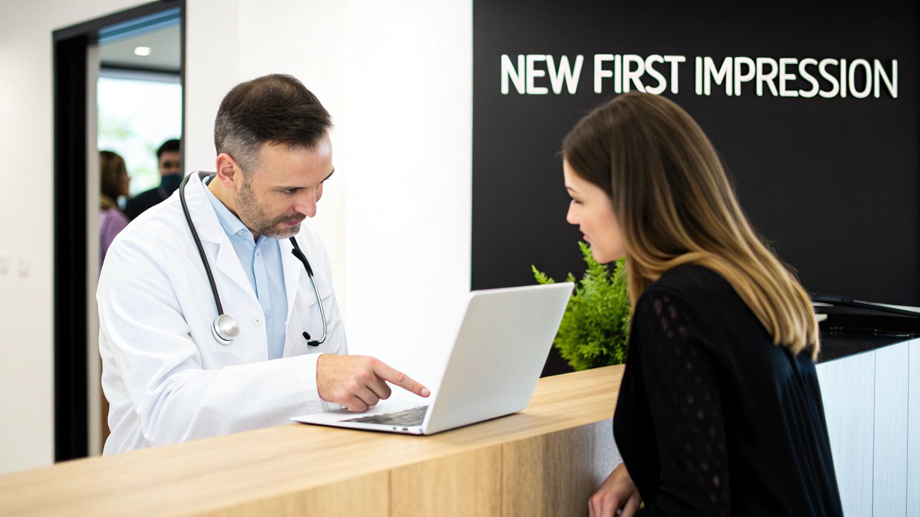 A doctor reviews patient feedback on a tablet, showcasing the importance of a digital reputation.