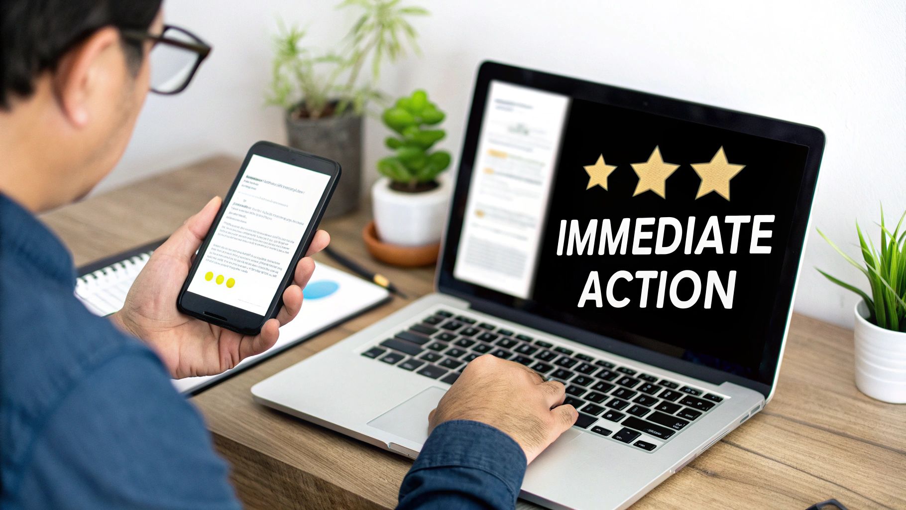 Man reviewing content on smartphone and laptop screen displaying 'IMMEDIATE ACTION' with three stars.
