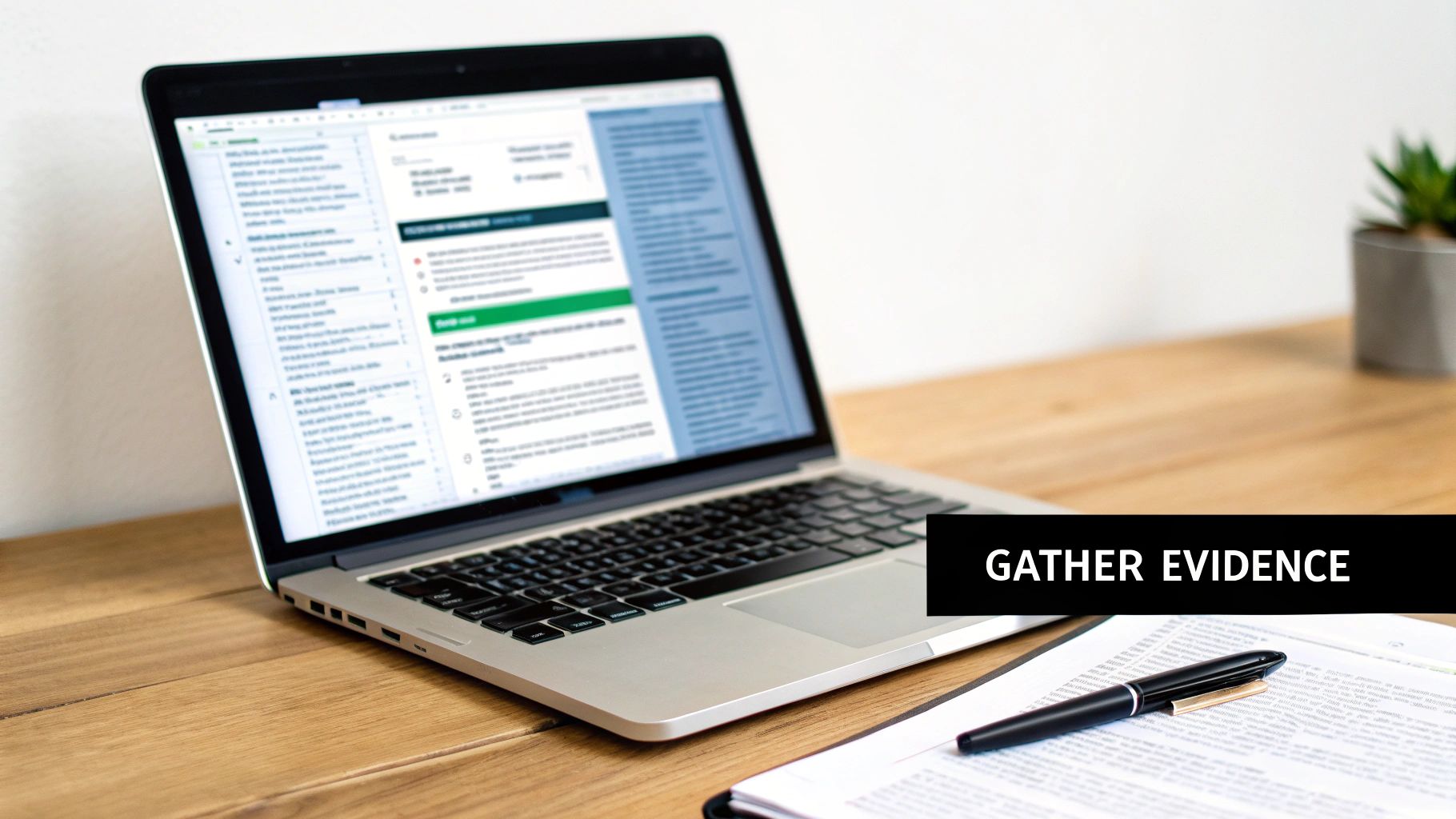 A laptop on a wooden desk shows data and documents, with a pen, and a 'Gather Evidence' banner.