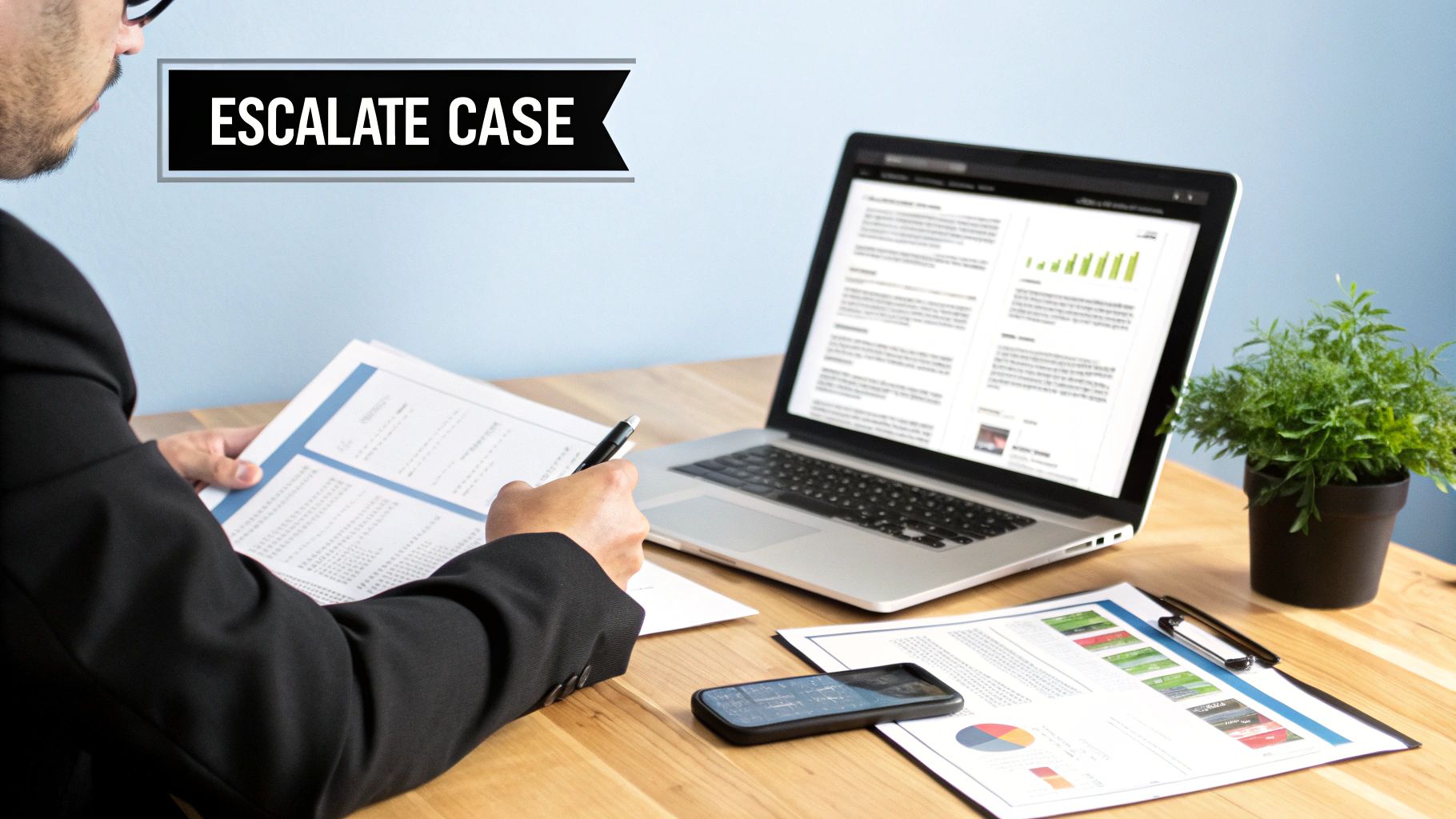 A man in a suit reviewing documents at a desk with a laptop, smartphone, and plant. An 'ESCALATE CASE' banner is visible.