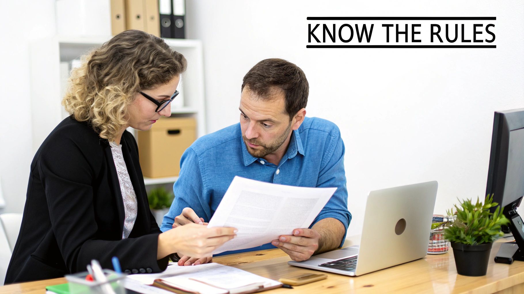 Two business colleagues are reviewing documents and discussing policies at an office desk.