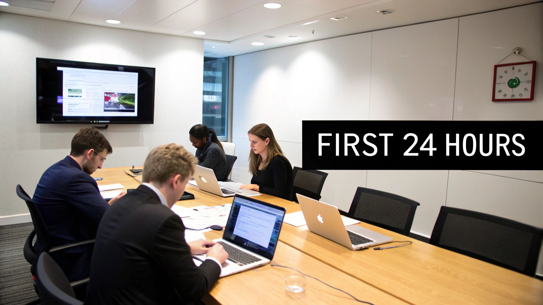 A group of legal professionals strategizing around a table with documents and laptops.