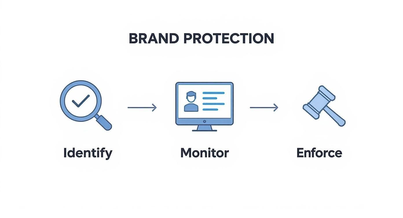 An infographic showing the three-step process flow of online brand protection Identify, Monitor, and Enforce.