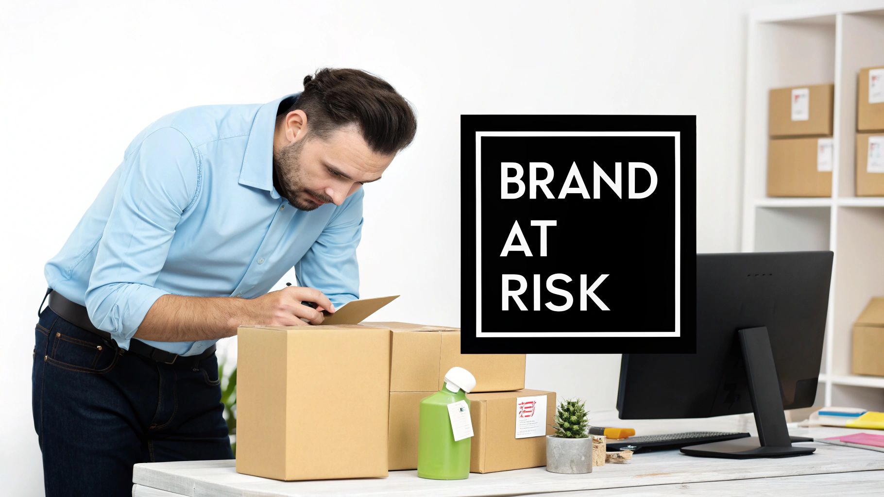 A man preparing packages on a desk, with a prominent 'BRAND AT RISK' sign displayed.