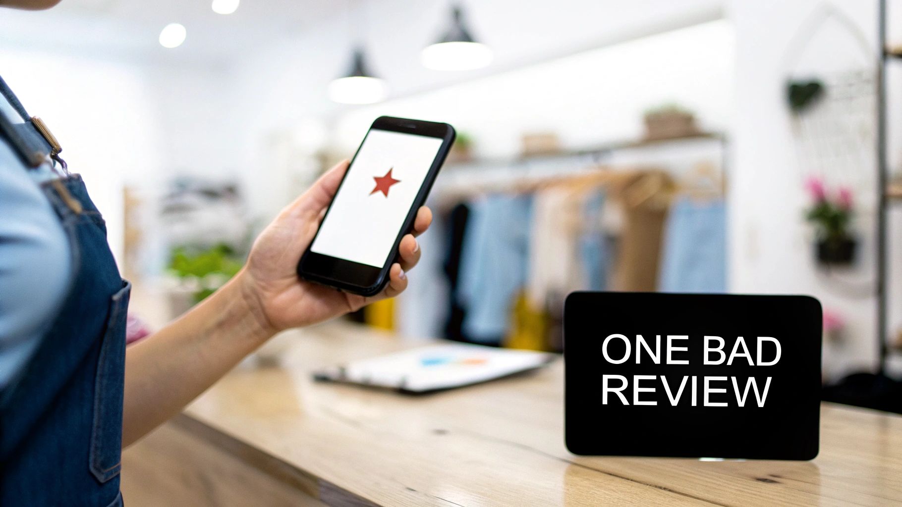 A person holds a phone displaying a one-star review, next to a sign saying 'ONE BAD REVIEW' in a store.