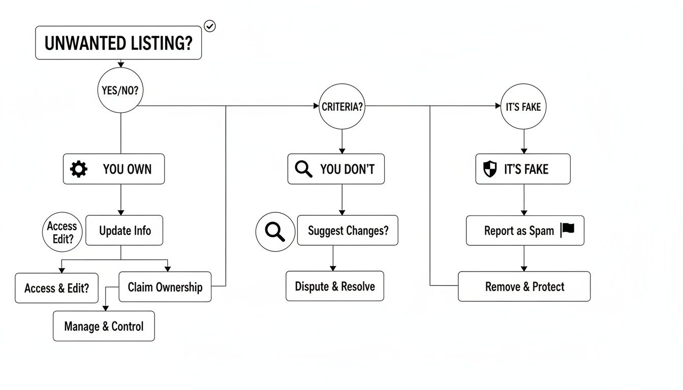 Flowchart illustrating steps to manage, dispute, or report an unwanted online listing based on ownership or authenticity.