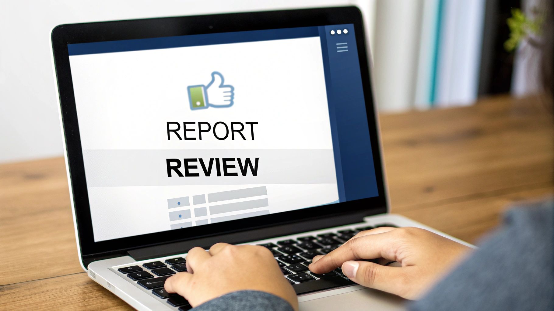 Person typing on a laptop screen displaying "REPORT" and "REVIEW" with a thumbs-up icon.