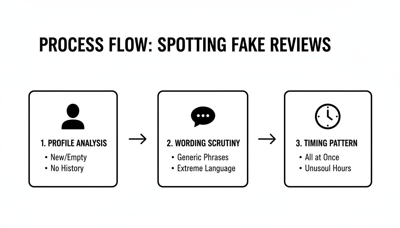 A process flow diagram illustrates three steps for spotting fake reviews: profile analysis, wording scrutiny, and timing patterns.