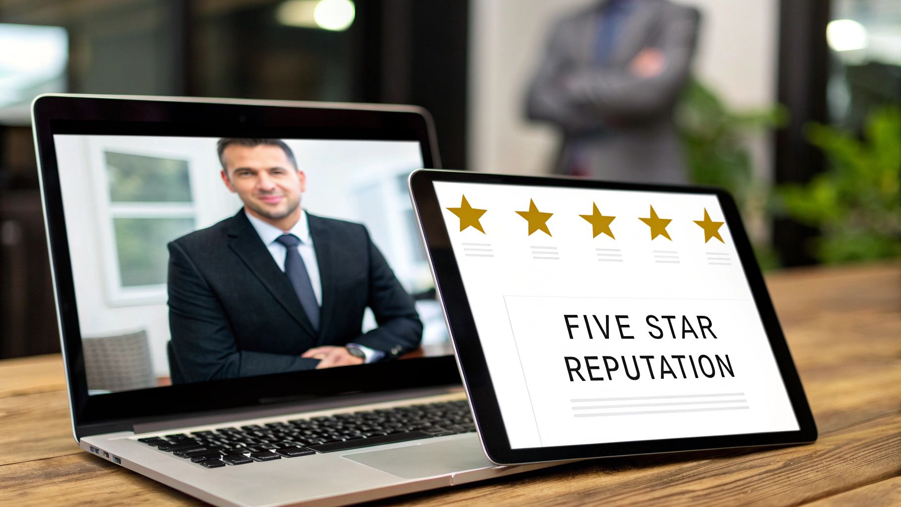 A laptop screen shows a man in a suit, while a tablet displays 'FIVE STAR REPUTATION' and five gold stars.
