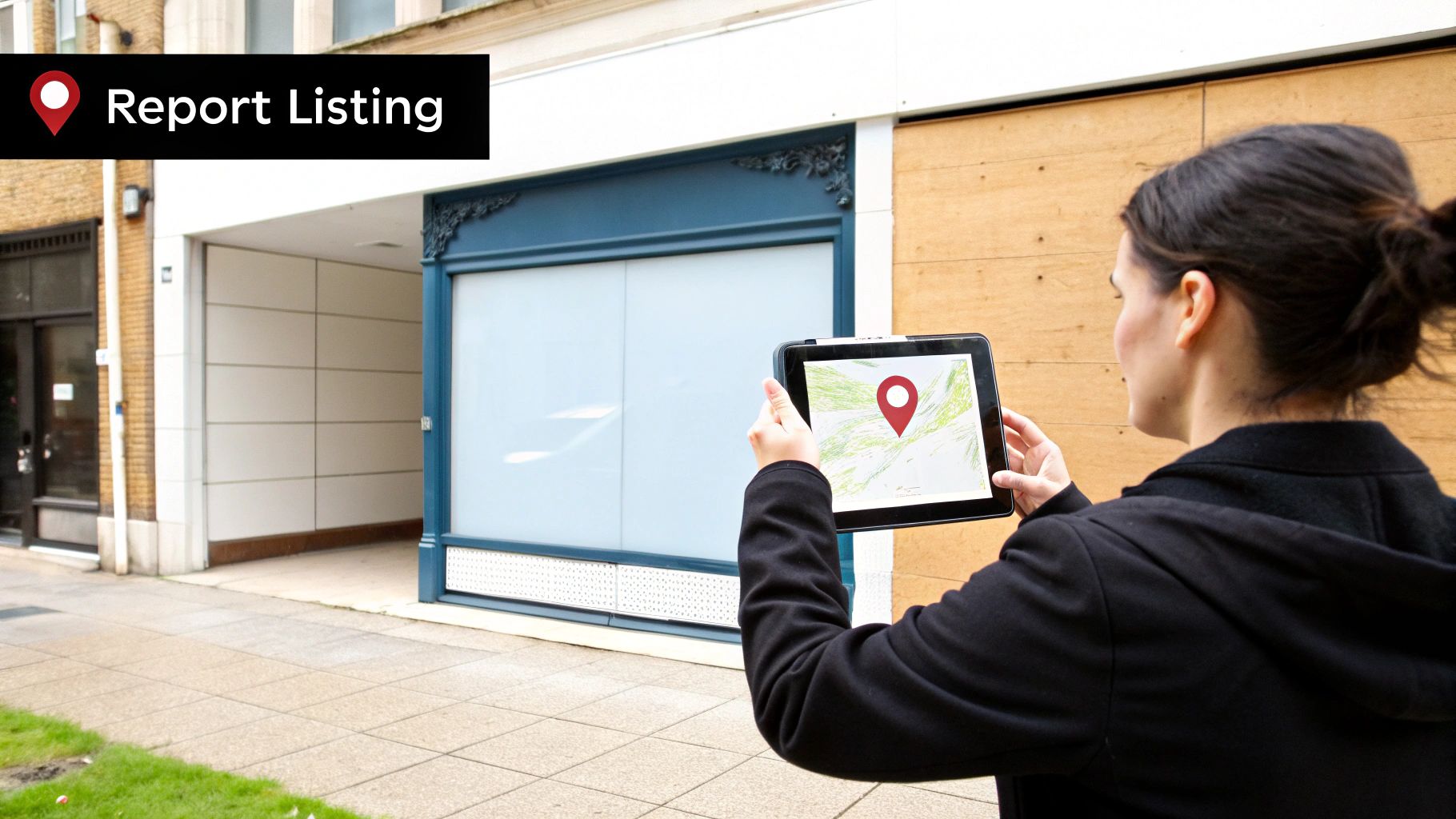 A person holds a tablet displaying a map with a red location pin, beside a building with a blue facade and wooden paneling. The image also shows the text 'Report Listing' with a location icon.
