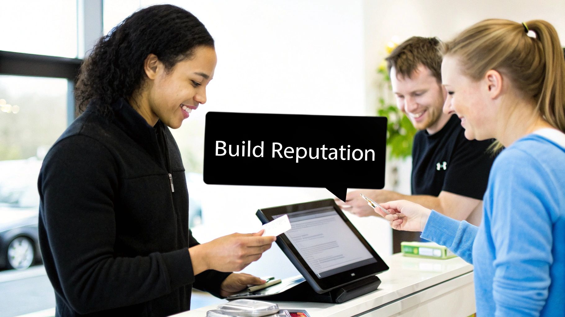 Smiling service staff helps customers at a counter, with a speech bubble saying 'Build Reputation' on a tablet.