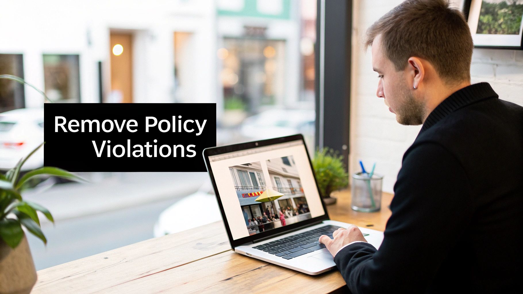 A man focused on a laptop screen displaying images, overlaid with 'Remove Policy Violations' text.