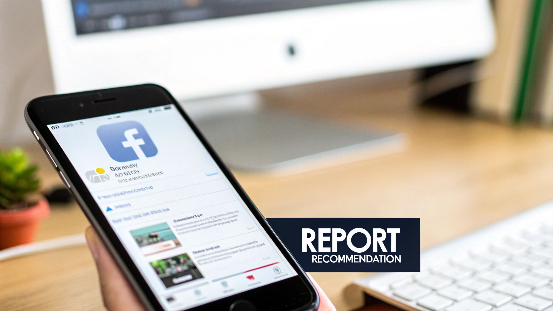 A hand holds a black smartphone displaying the Facebook app interface on an office desk.