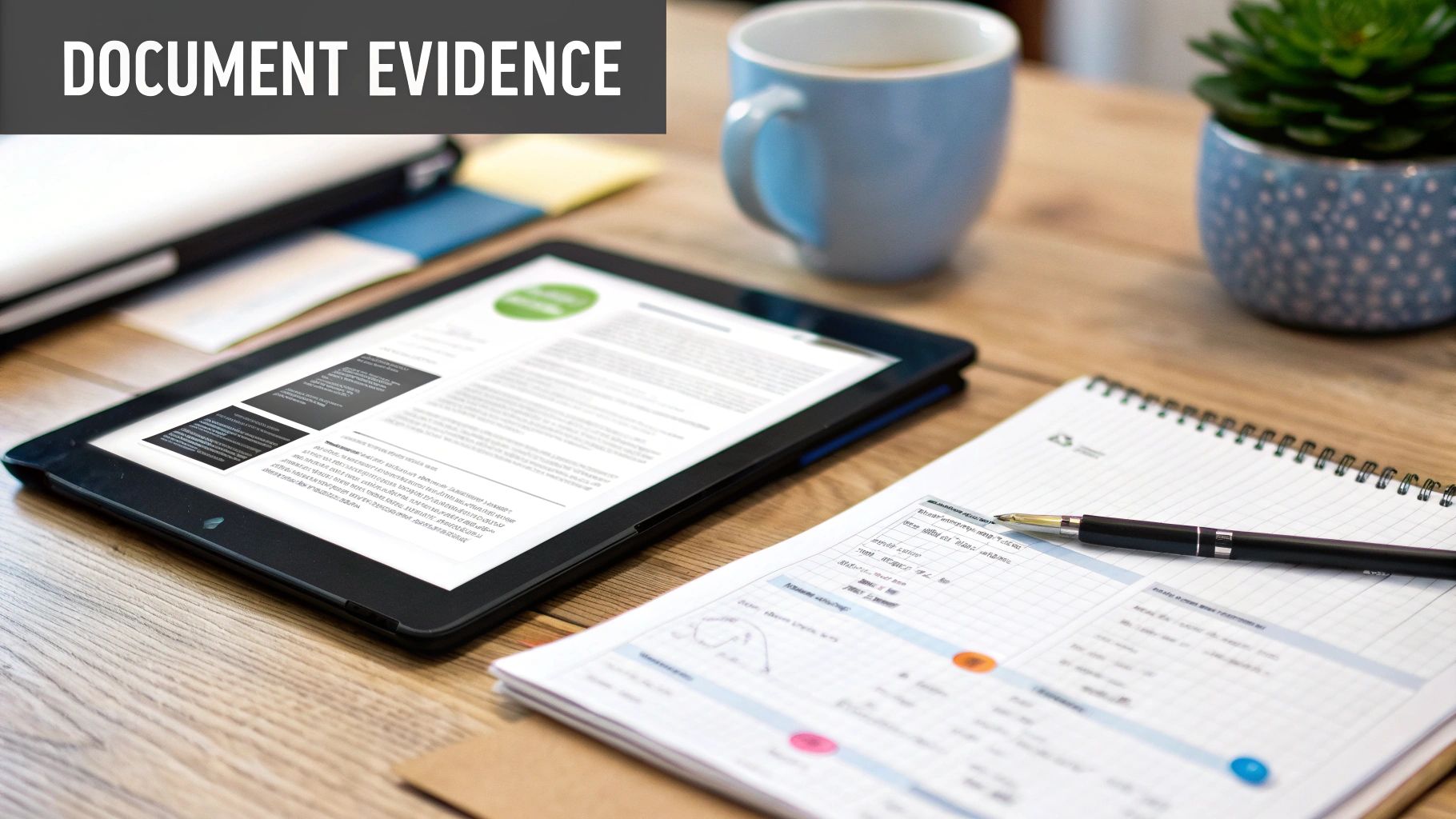 A desk with a tablet displaying a document, a notebook, pen, coffee, and a plant, with 'DOCUMENT EVIDENCE' overlay.