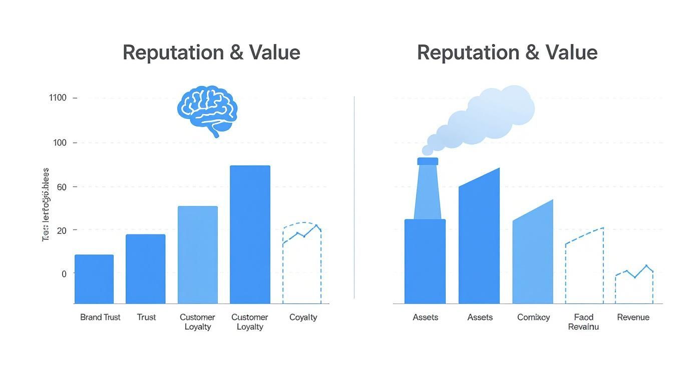 Infographic showing that intangible assets like brand reputation contribute more to a company's value than tangible assets.