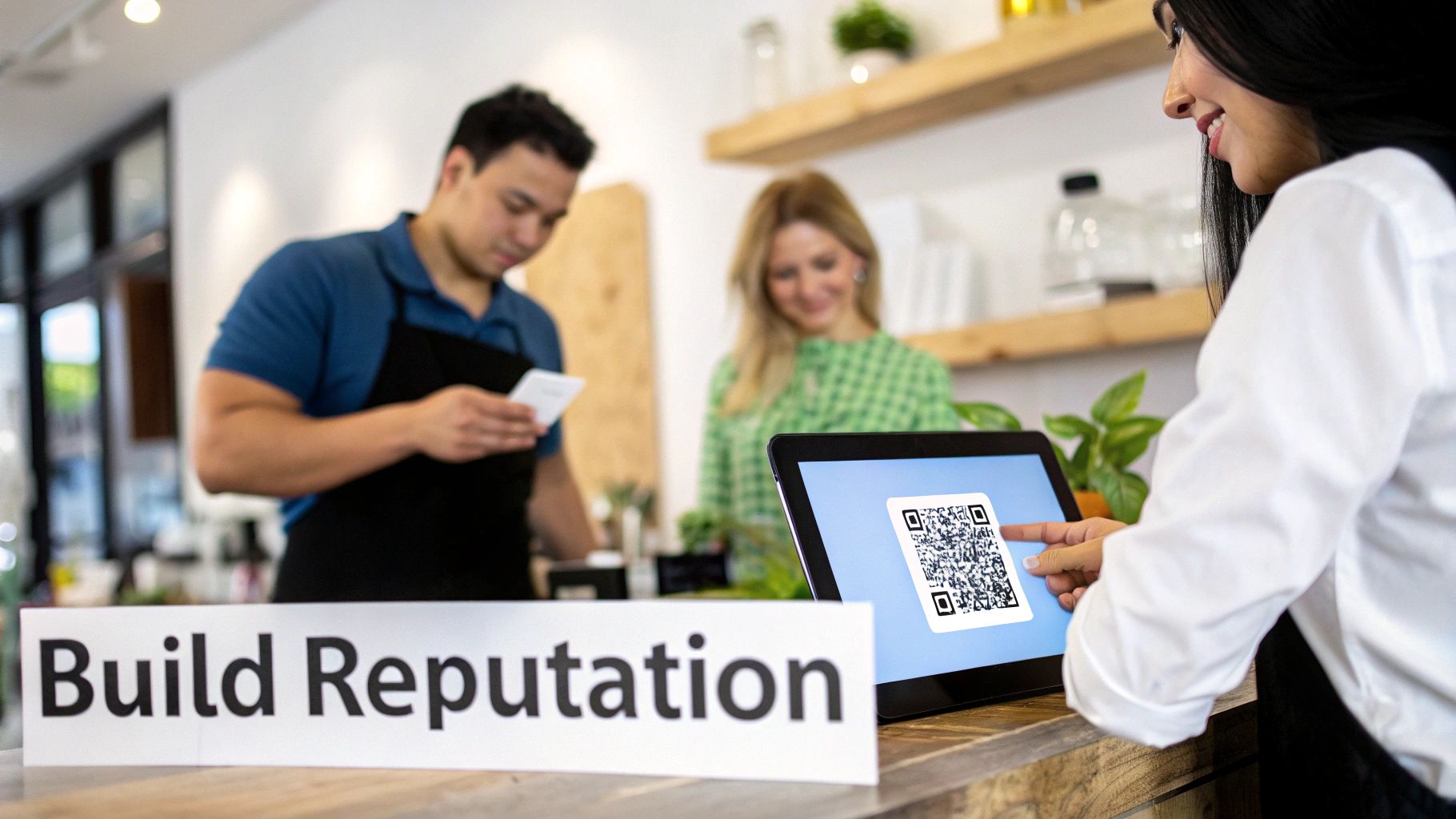 Smiling customer points at a QR code on a tablet at a counter with a 'Build Reputation' sign.