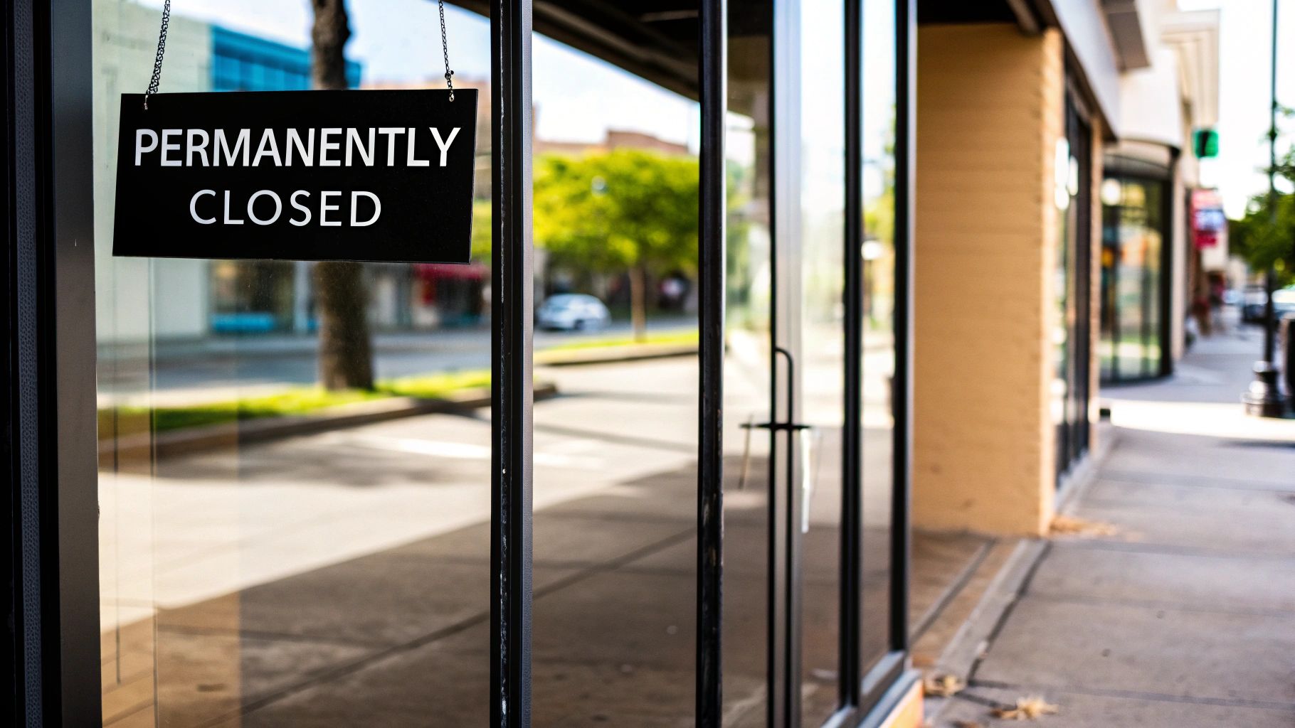 A business owner on a laptop, managing a Google Business Profile listing with a 'Permanently Closed' sign overlay.