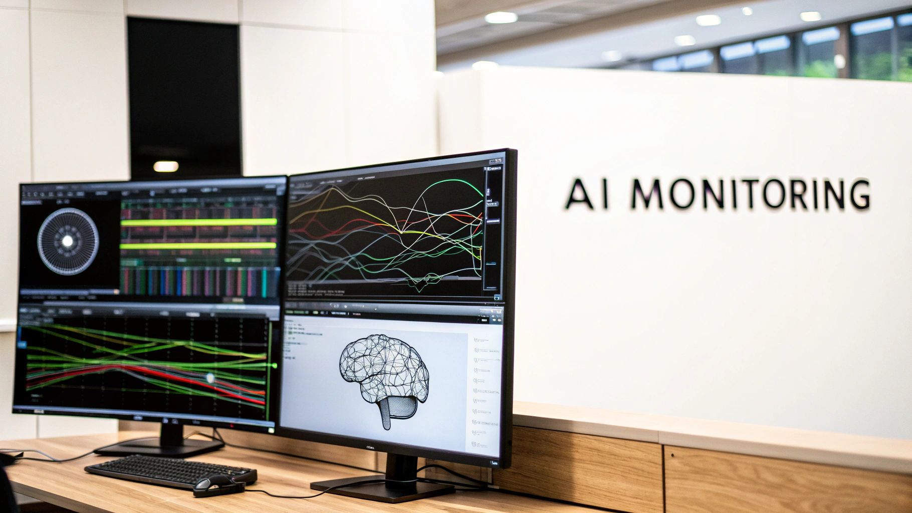 A digital brain with connected nodes representing AI and machine learning analyzing online data streams.